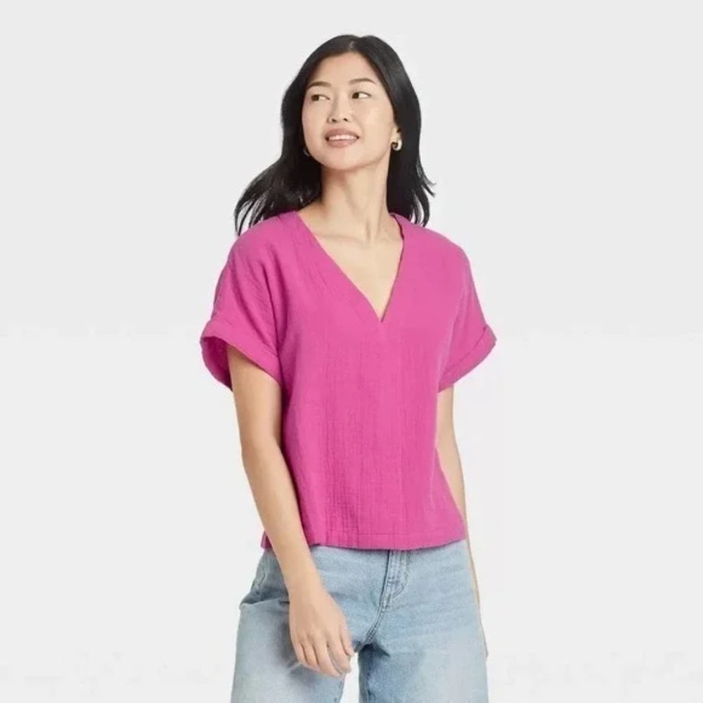 Universal Thread Short Sleeve V-Neck Blouse Pink S